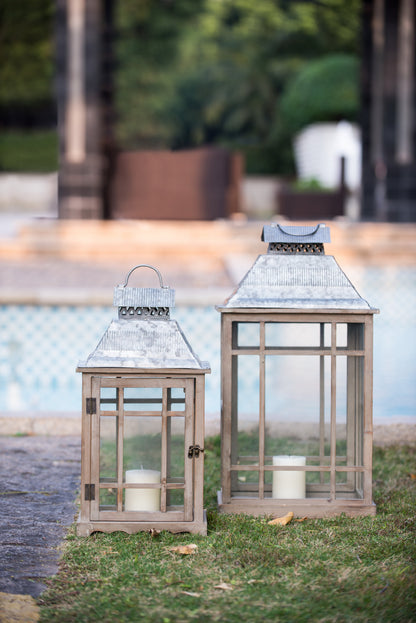S/2 Classic Scape Lanterns, pair of metal lanterns with glass panes and candles for outdoor decor on Tampa Home & Garden Store