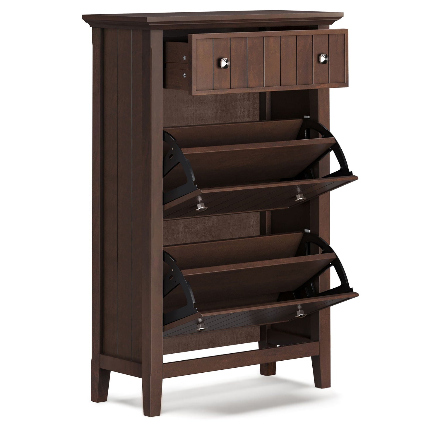 Acadian brown wood entryway shoe cabinet with upper multi-door enclosure and lower pull-out racks on Tampa Home & Garden Store