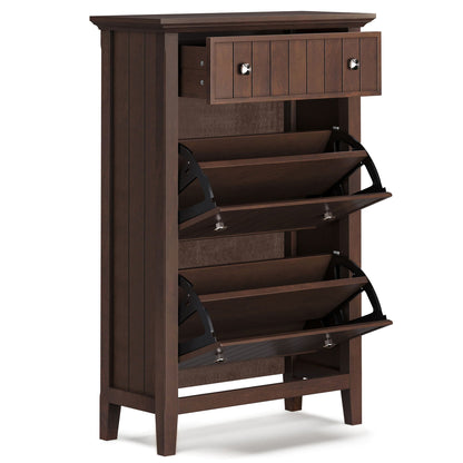 Acadian brown wood entryway shoe cabinet with upper multi-door enclosure and lower pull-out racks on Tampa Home & Garden Store