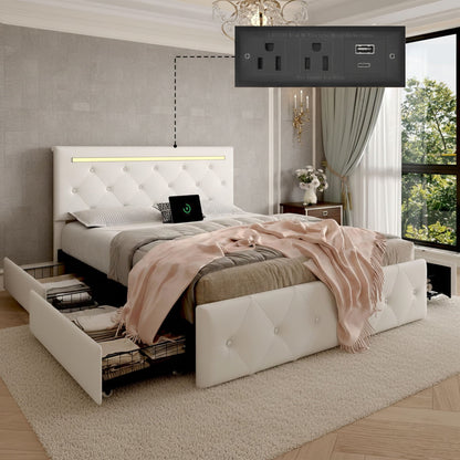 Upholstered Bed Frame with LED Lights Storage