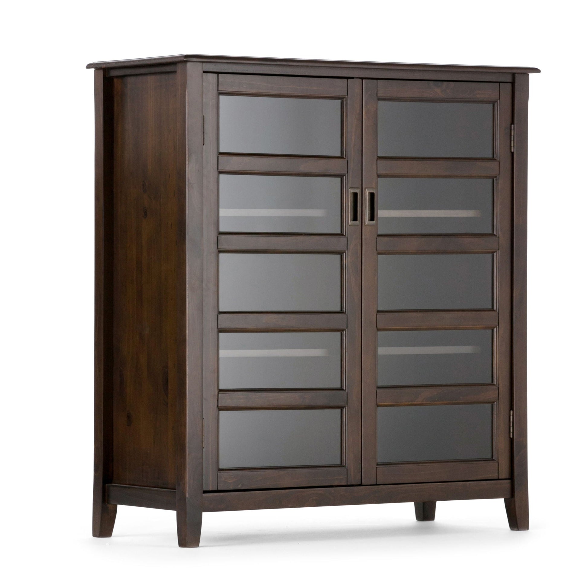 Burlington mahogany brown medium storage cabinet with glass-front doors and glass panels on Tampa Home & Garden Store