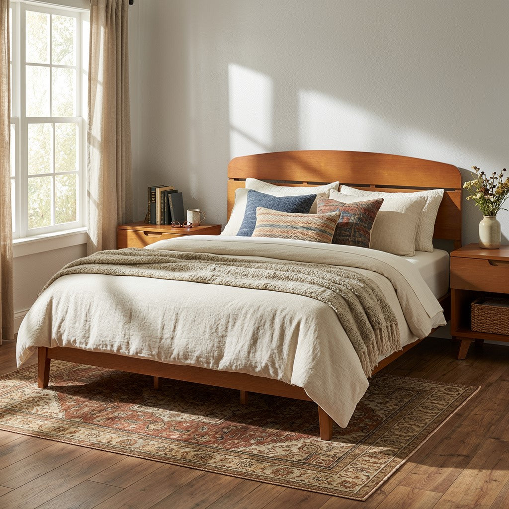 Queen size solid wood platform bed with curved headboard in warm oak by HouseOfZazla on Tampa Home & Garden Store