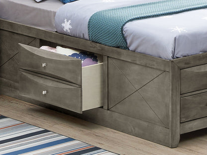 Storage bed with gray wood finish and built-in under-bed drawers; open drawer reveals blankets on Tampa Home & Garden Store