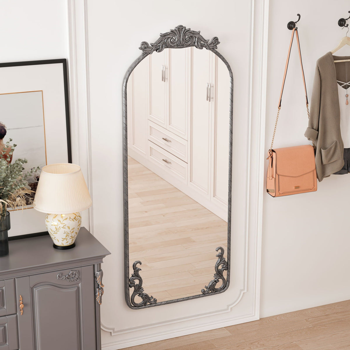 Full body arched mirror with vintage carved applique in bronze or pearl silver by HouseOfZazla on Tampa Home & Garden Store