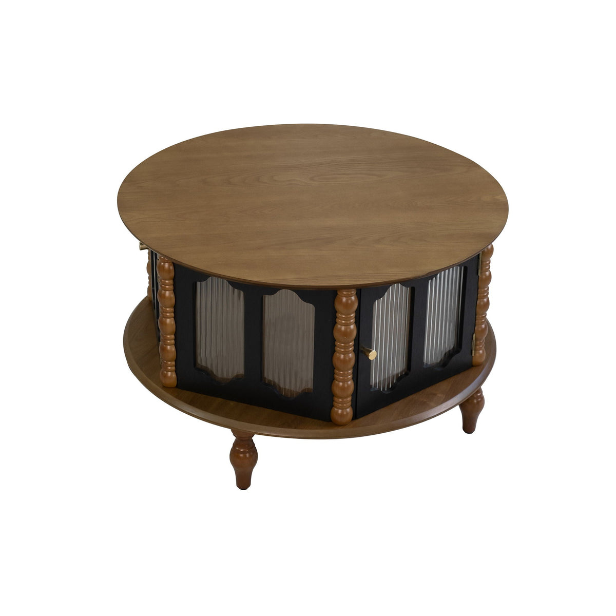 Round storage coffee table in dark brown wood with fluted glass doors, HouseOfZazla on Tampa Home & Garden Store