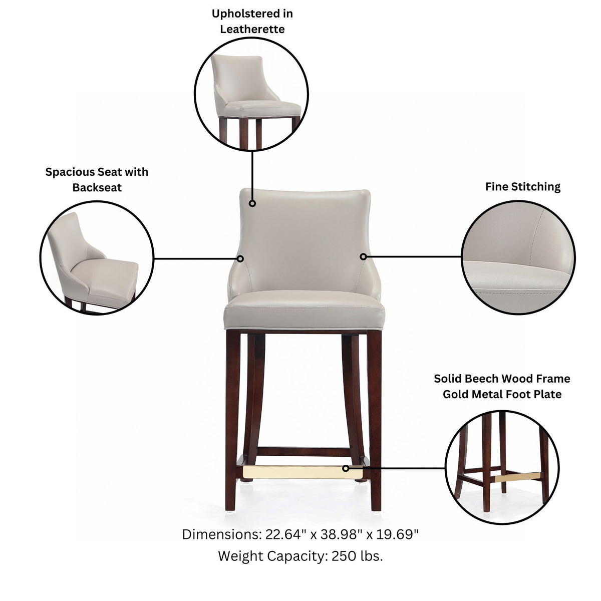 Shubert Counter Stool beige leatherette with solid beech wood frame and gold metal foot plate on Tampa Home & Garden Store