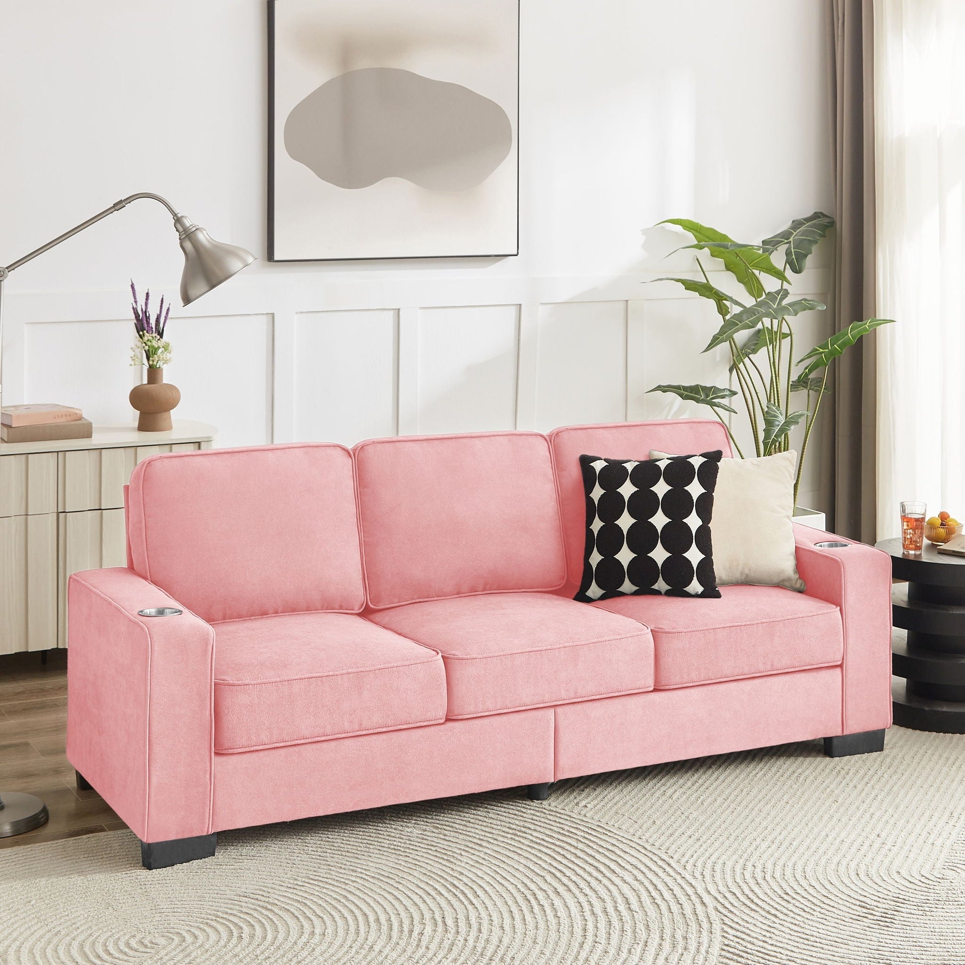 Modern Snowfleece 3 Seater Sofa with built in cup holder in pink fabric by HouseOfZazla on Tampa Home & Garden Store