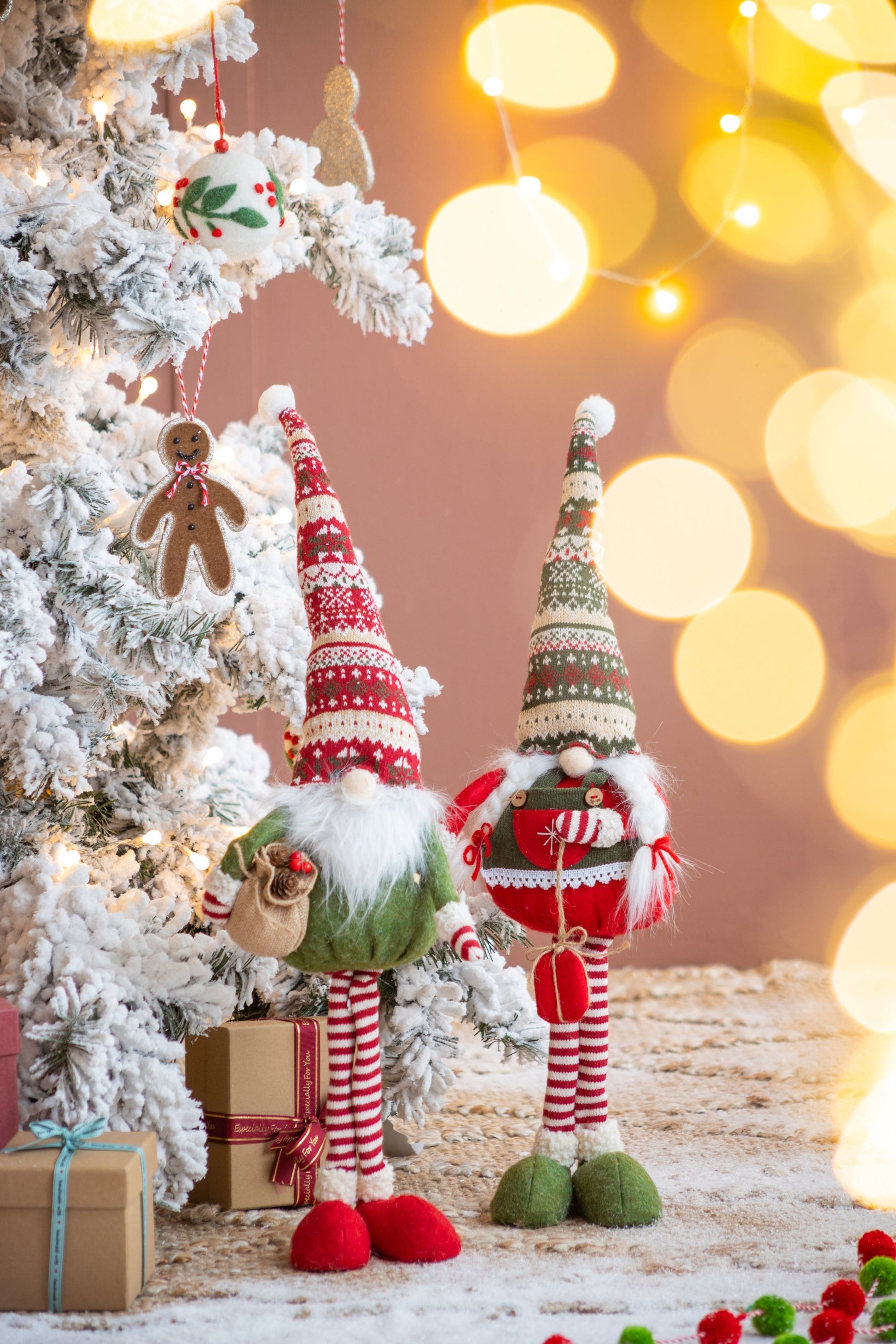 Set of 2 HouseOfZazla fabric standing holiday gnomes with red/green knit hats and white beards on Tampa Home & Garden Store