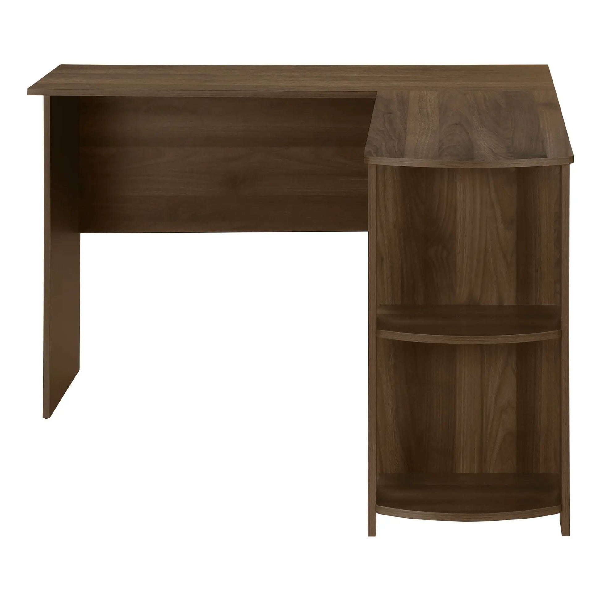 Corner desk walnut finish with curved right-side storage shelves in a modern L-shape on Tampa Home & Garden Store
