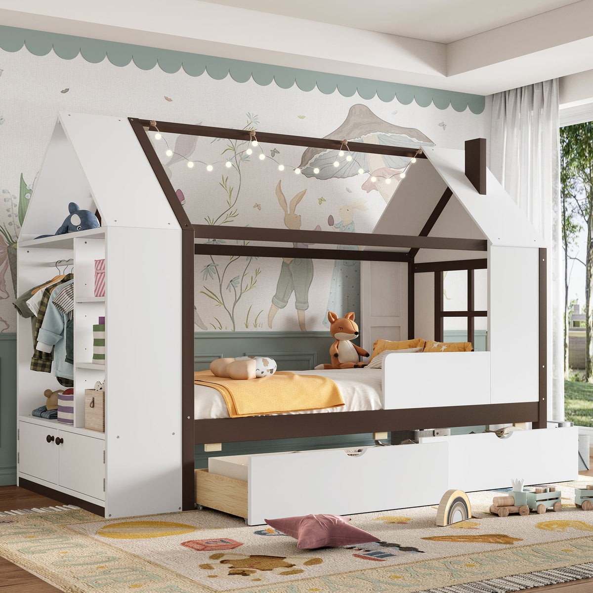 Twin Size House Platform Bed with Drawers white and dark brown solid wood with built-in shelves on Tampa Home & Garden Store