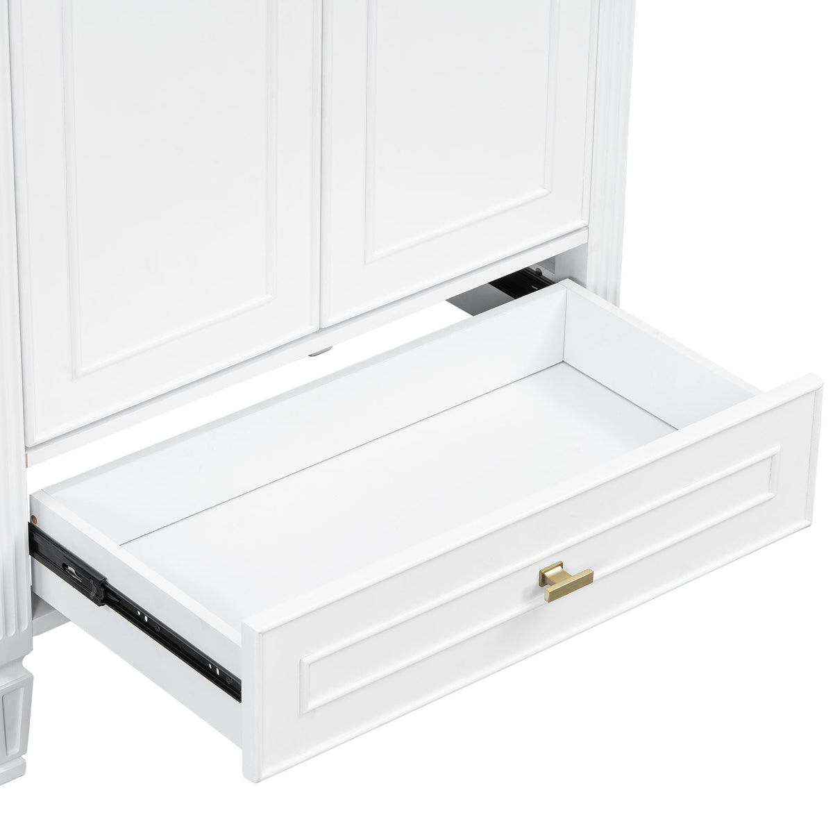 Freestanding white vanity with drawer and soft-close doors, HouseOfZazla, brass handle on Tampa Home & Garden Store