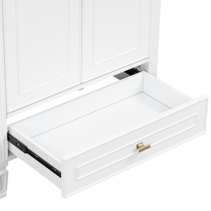 Freestanding white vanity with drawer and soft-close doors, HouseOfZazla, brass handle on Tampa Home & Garden Store