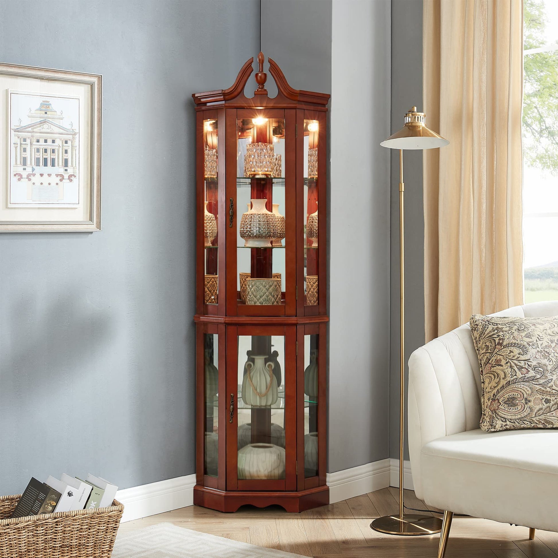 Corner curio cabinet with lights, mirrored walnut finish, adjustable tempered glass shelves on Tampa Home & Garden Store