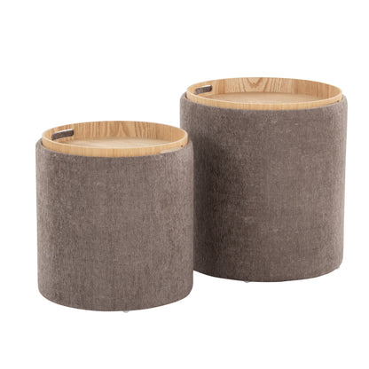 3-piece nesting ottoman set with flip tray tops in gray fabric and natural wood, HouseOfZazla on Tampa Home & Garden Store