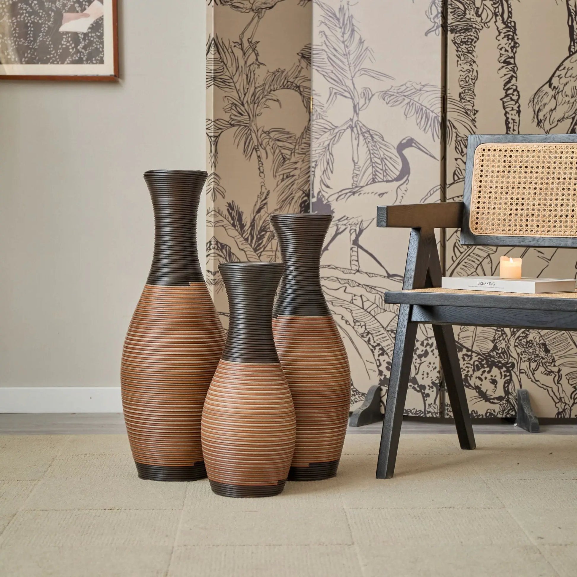 Designer floor vases set of 3, ribbed brown ceramic with base, Unique Piece Furniture on Tampa Home & Garden Store
