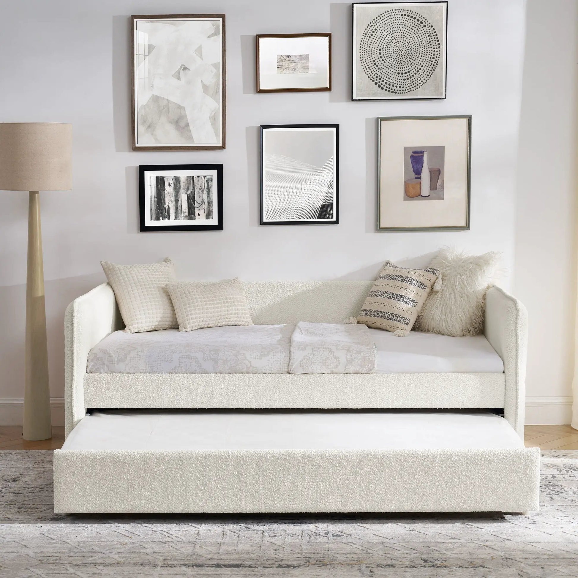 Upholstered daybed with pop-up trundle in cream fabric by Unique Piece Furniture on Tampa Home & Garden Store
