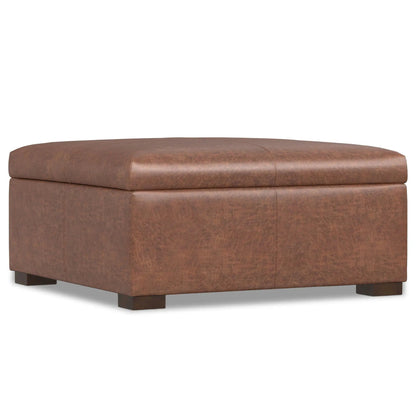 Gabbie storage ottoman in brown leather with stitched square silhouette on Tampa Home & Garden Store