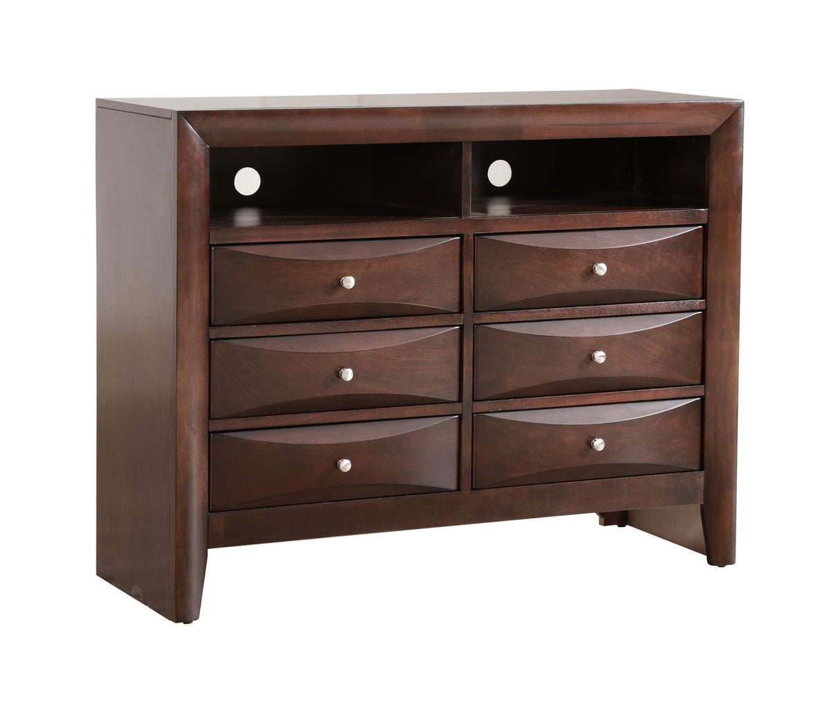Media Chest with modern beveled drawer fronts in dark cherry finish open upper shelf on Tampa Home & Garden Store