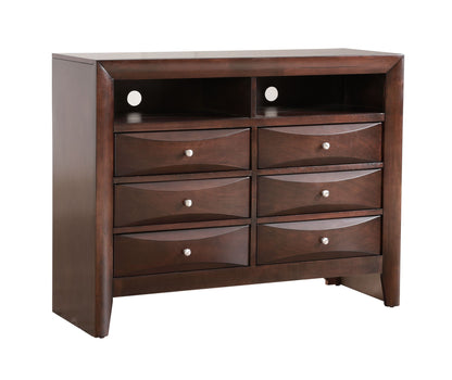 Media Chest with modern beveled drawer fronts in dark cherry finish open upper shelf on Tampa Home & Garden Store
