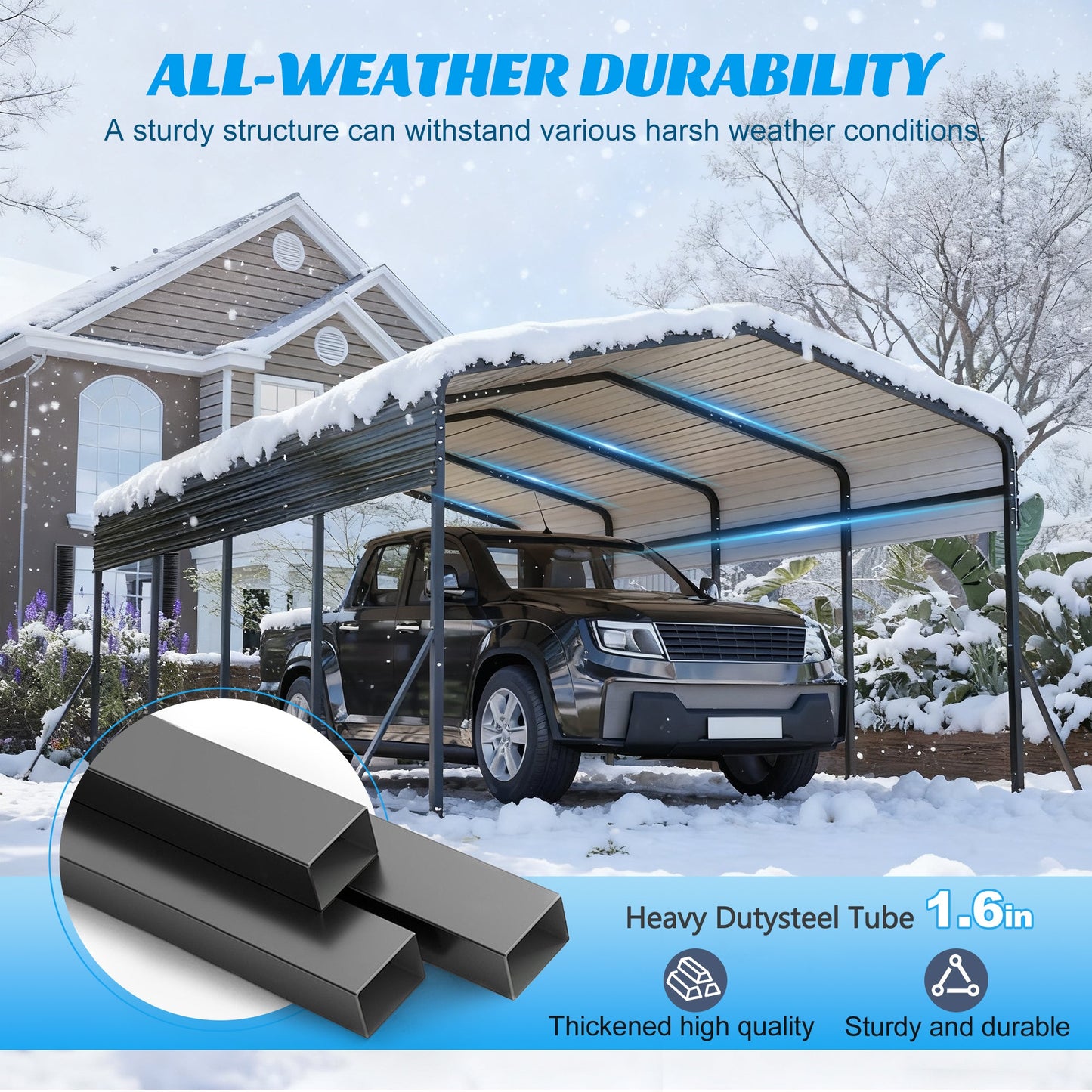 13x20 ft metal carport with upgraded frame shielding a dark SUV in a snowy yard on Tampa Home & Garden Store