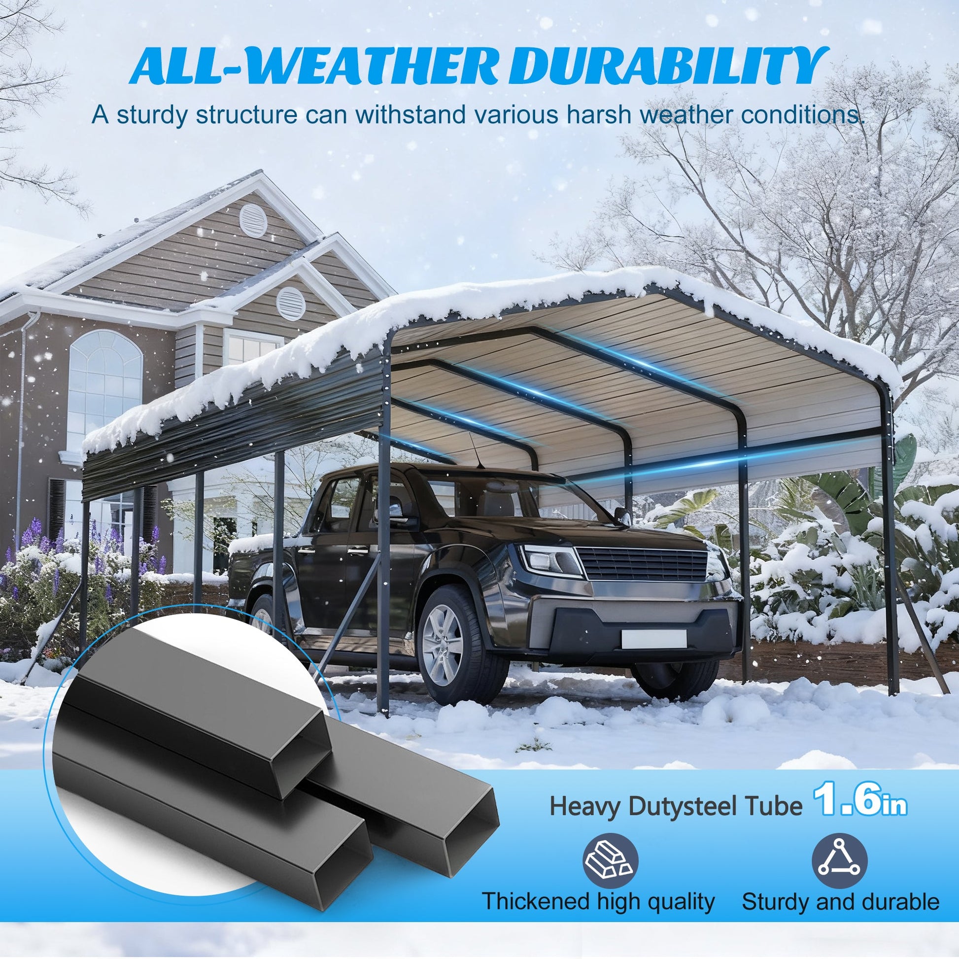 13x20 ft metal carport with upgraded frame shielding a dark SUV in a snowy yard on Tampa Home & Garden Store