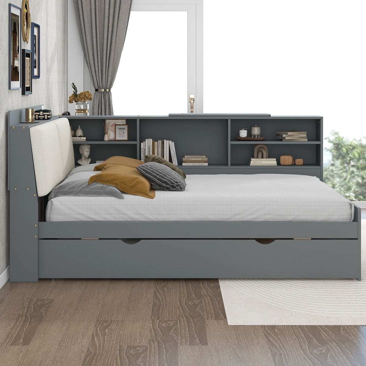 HouseOfZazla platform bed with trundle and storage headboard in gray, built-in shelves on Tampa Home & Garden Store