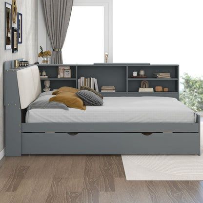 HouseOfZazla platform bed with trundle and storage headboard in gray, built-in shelves on Tampa Home & Garden Store