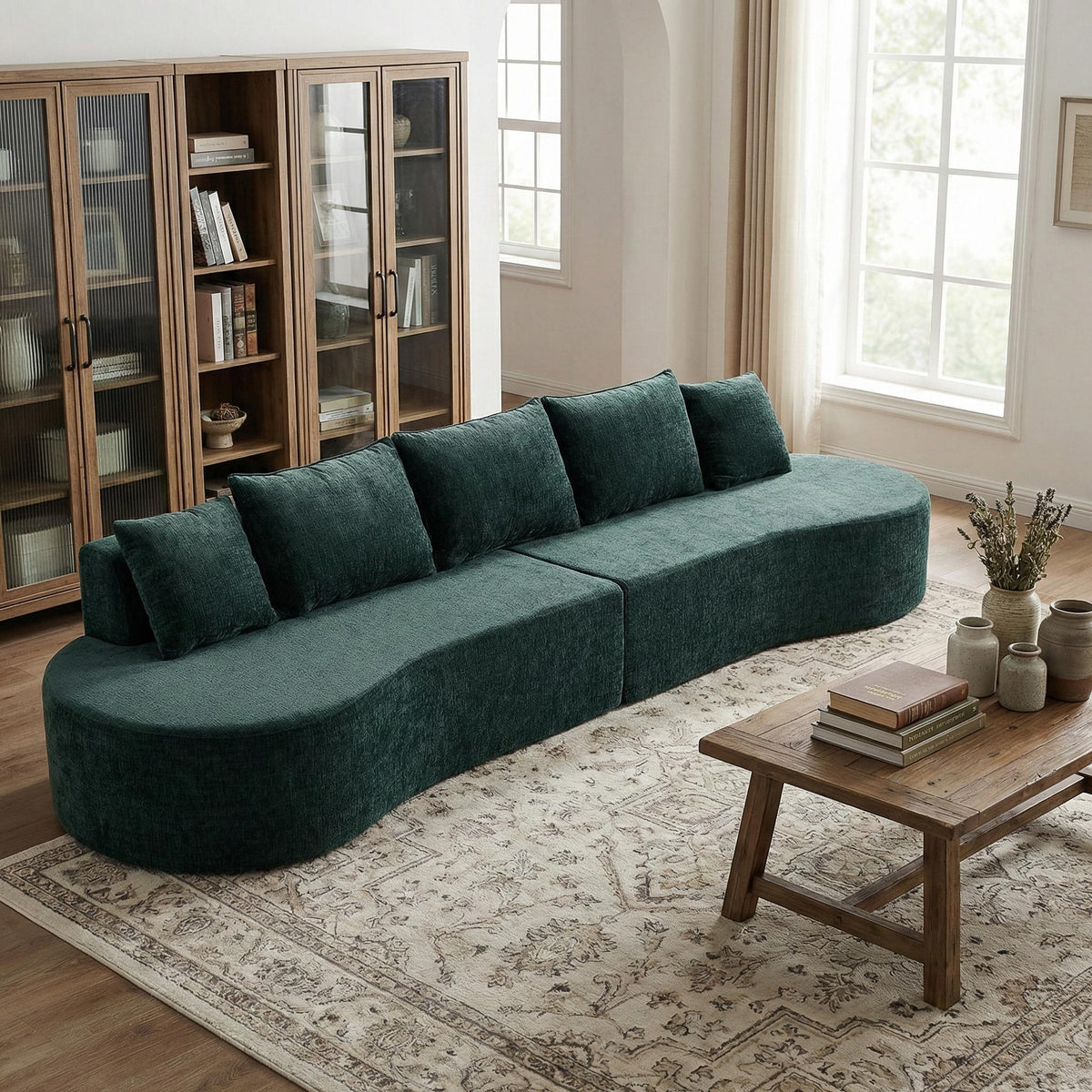 138.6 inch Modern Curved Modular Sectional Sofa by HouseOfZazla in emerald green velvet on Tampa Home & Garden Store