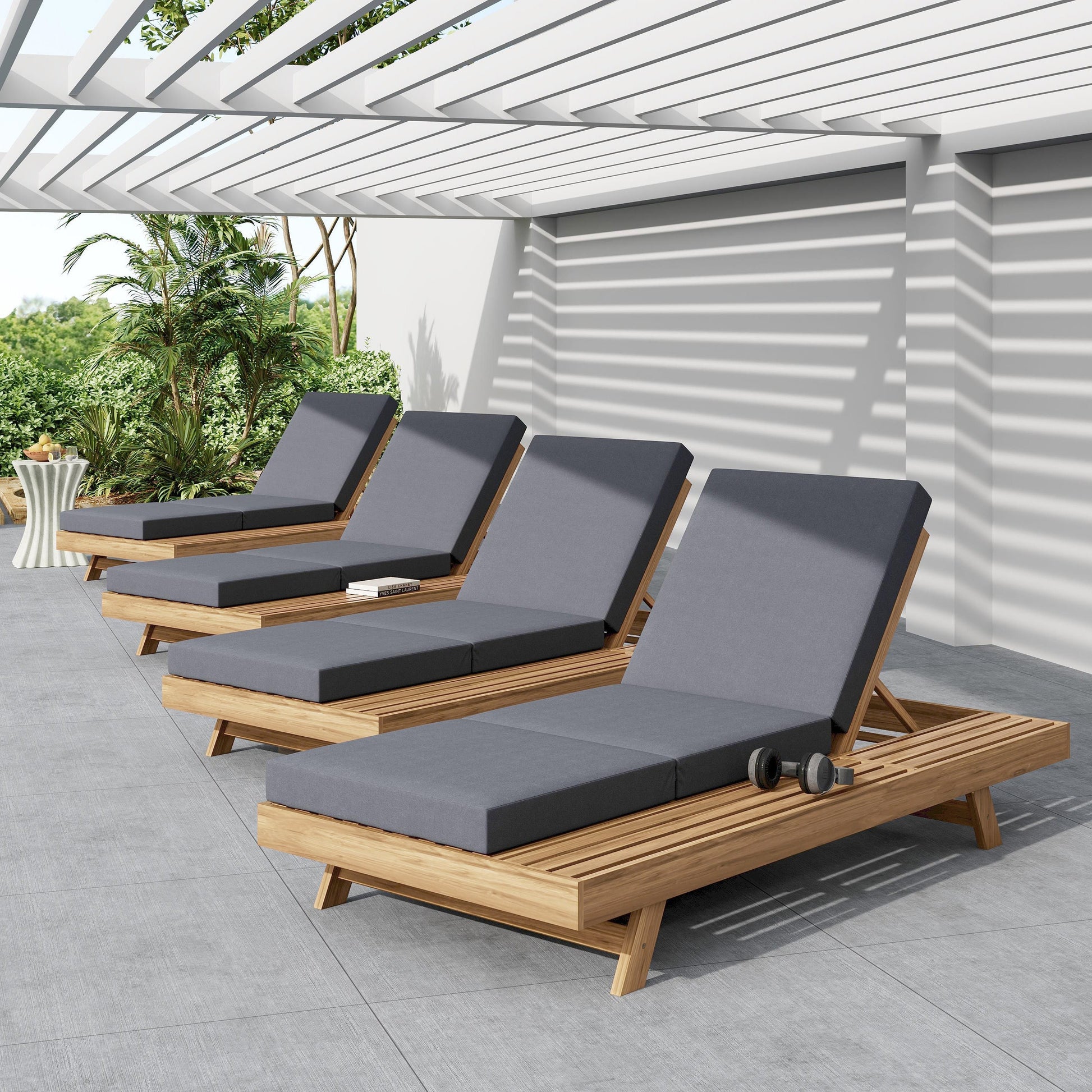 Outdoor chaise lounge set with wooden frame and gray cushions, space on side HouseOfZazla on Tampa Home & Garden Store