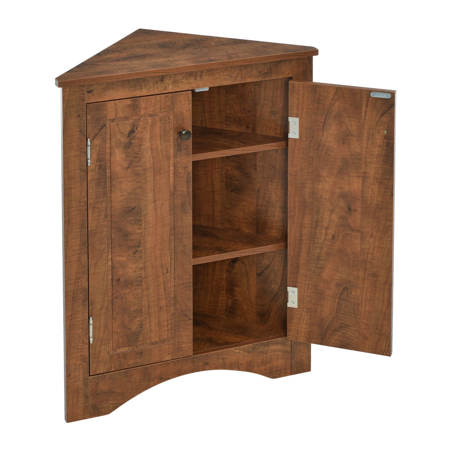 Triangle bathroom linen cabinet with adjustable shelves in warm wood finish, freestanding on Tampa Home & Garden Store