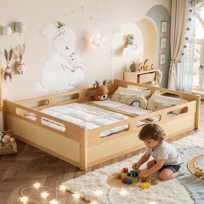 Queen size floor platform bed with full-length guardrails in natural wood finish by HouseOfZazla on Tampa Home & Garden Store