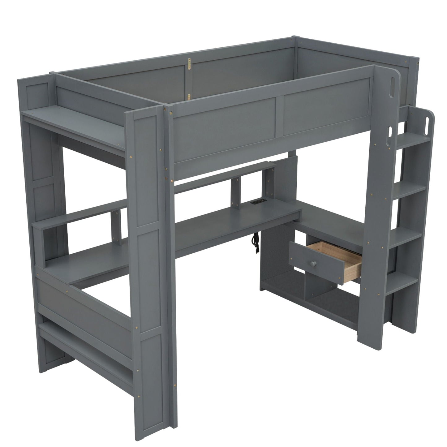 Gaming Loft Bed With Desk by HouseOfZazla, gray with shelves and LED charging station on Tampa Home & Garden Store