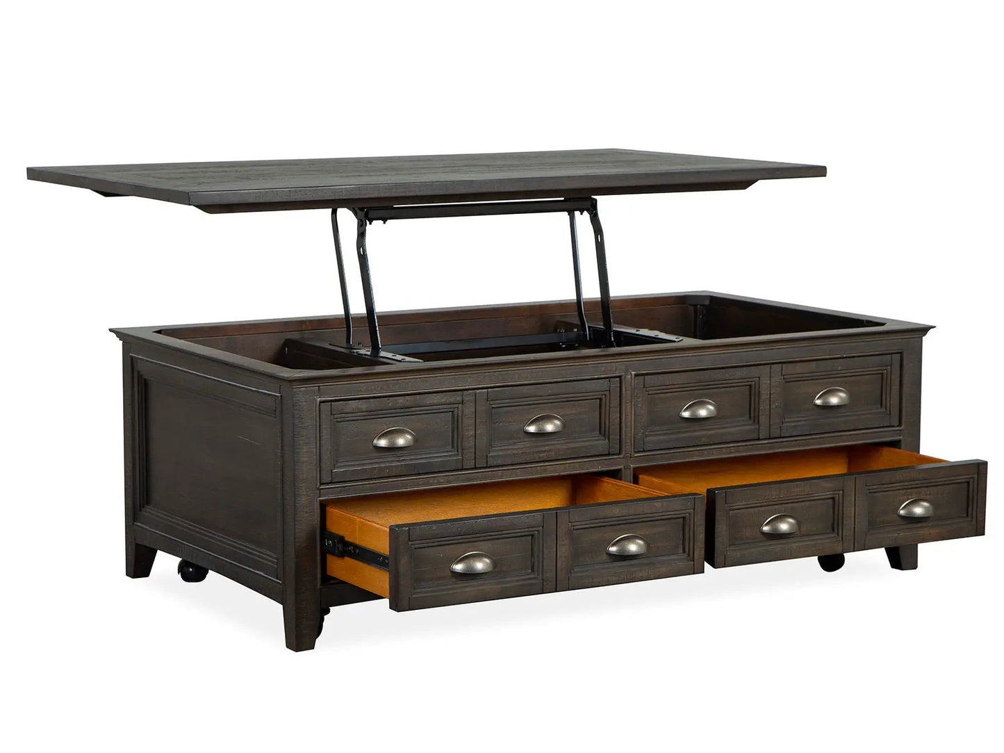 Westley Falls lift-top storage cocktail table with casters graphite finish, 6-drawer design on Tampa Home & Garden Store