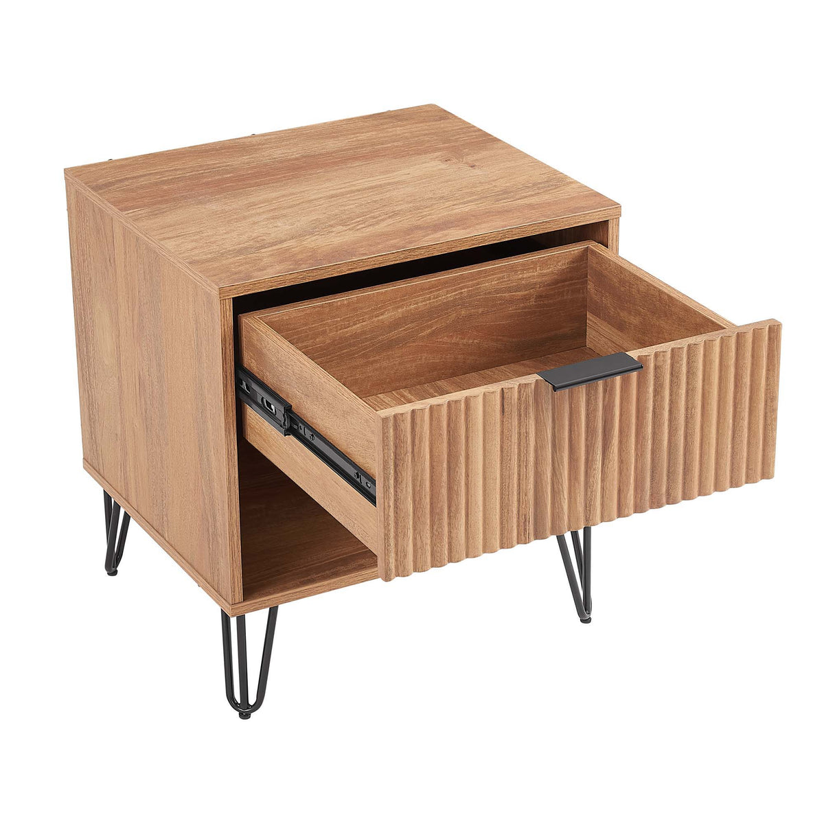 Modern Nightstand by HouseOfZazla with Fluted Front Drawer and Metal Handles in Wood Finish on Tampa Home & Garden Store