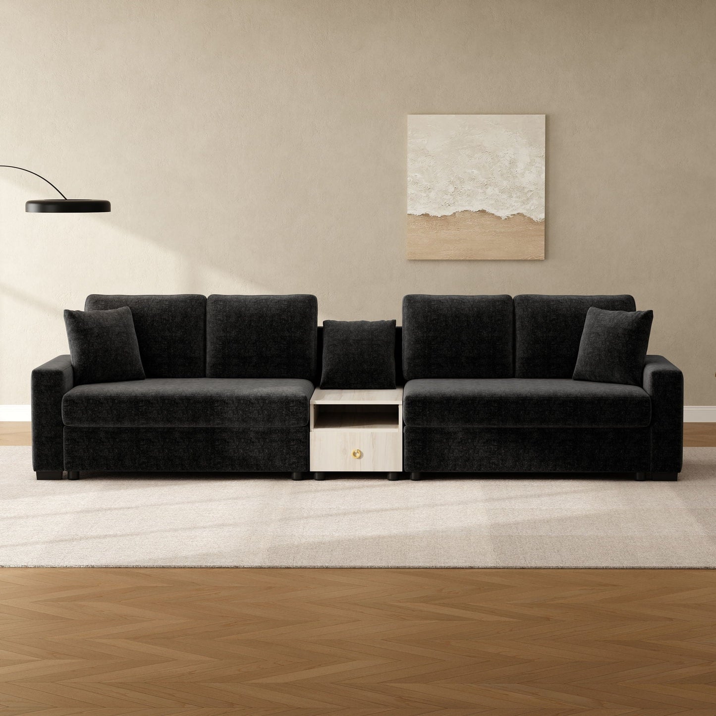 Modular sofa couch with storage armrest and center console, 2-section, black fabric and light wood console on Tampa Home & Garden Store