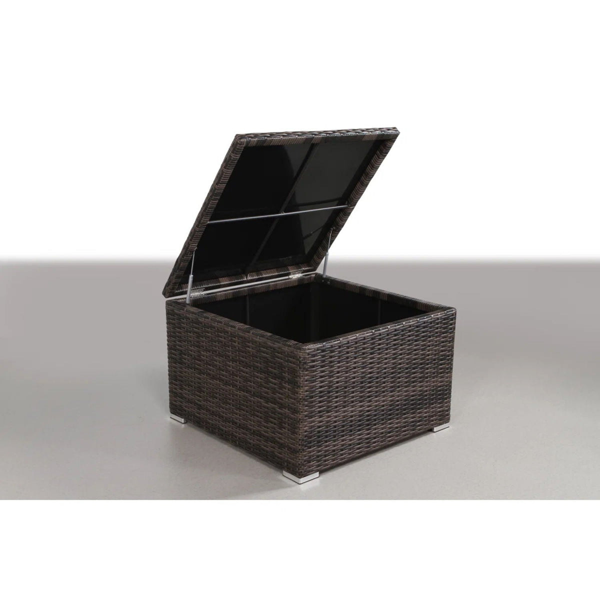 Dark brown wicker outdoor storage ottoman with open hinged lid and black interior on Tampa Home & Garden Store