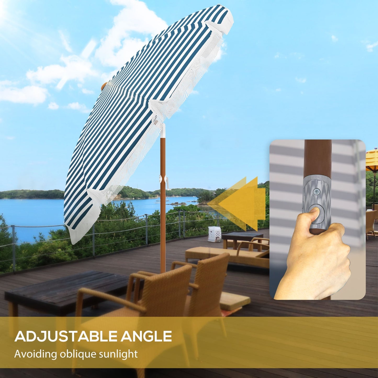 Outsunny 7x7 ft umbrella with tilt and vent, blue-white striped canopy, HouseOfZazla on Tampa Home & Garden Store