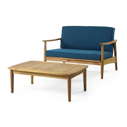 2-piece outdoor acacia wood loveseat set with blue cushions and coffee table by HouseOfZazla on Tampa Home & Garden Store
