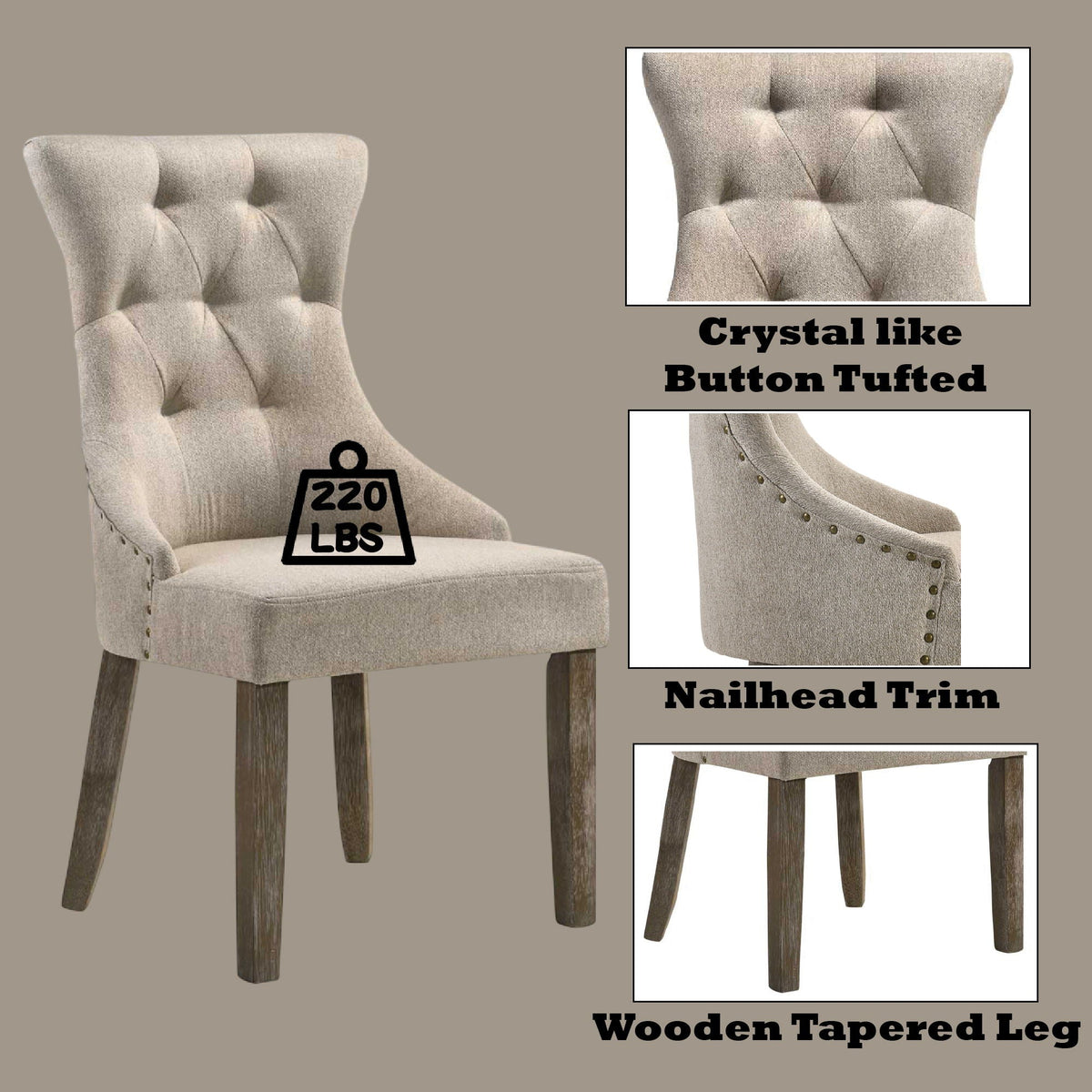 Two-tone beige gray padded high-back side chair set with nailhead trim and wood legs on Tampa Home & Garden Store