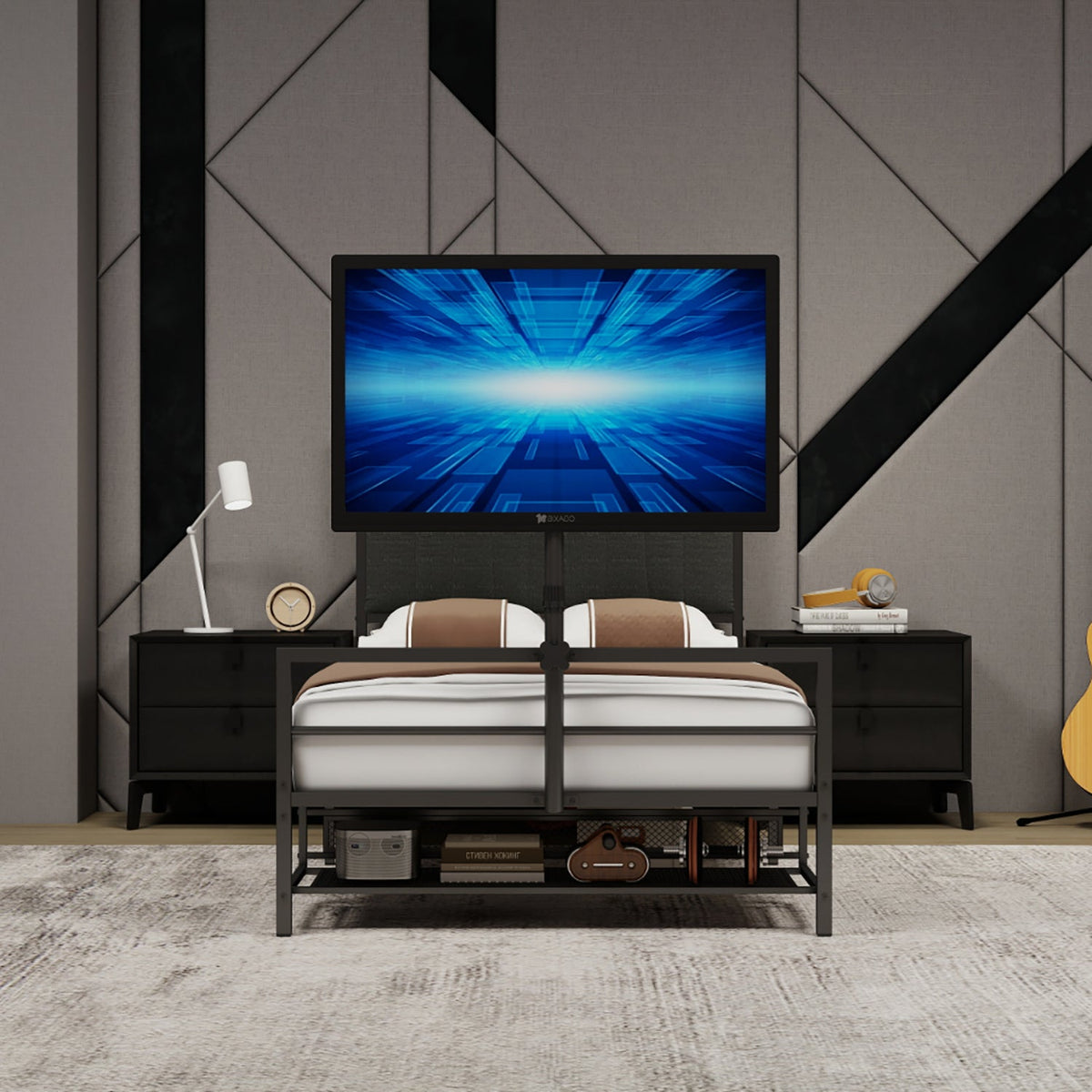 Twin size gaming bed with rotating TV mount and LED, black metal frame HouseOfZazla on Tampa Home & Garden Store