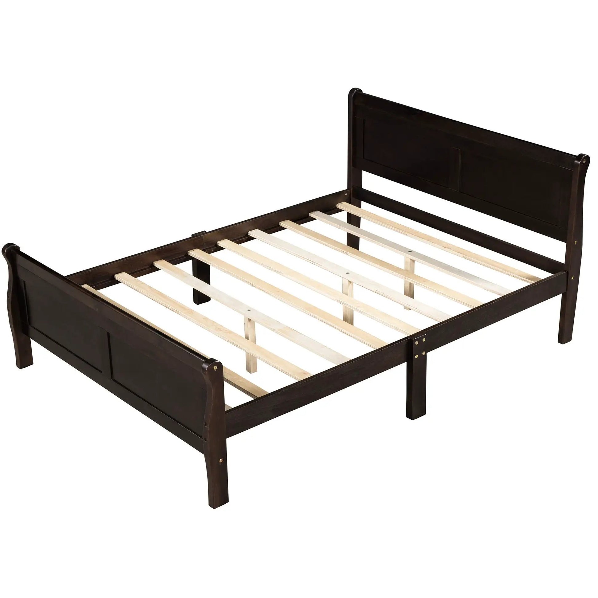 Platform bed frame in dark wood with sleigh headboard and footboard, wooden slats on Tampa Home & Garden Store