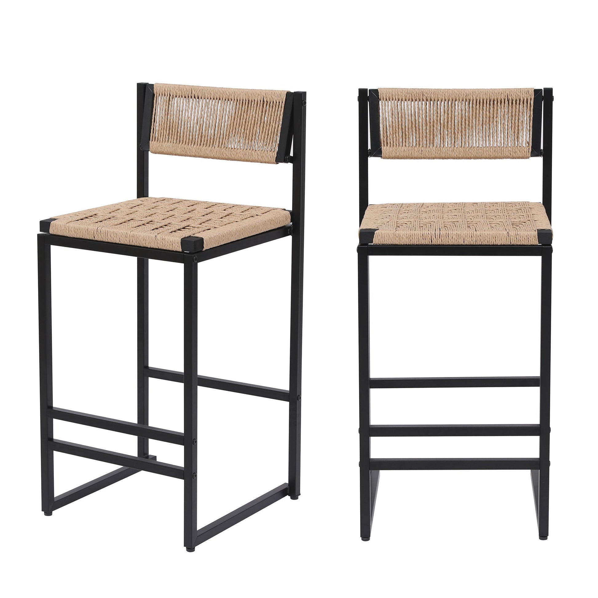 Bar stools by HouseOfZazla with footrest, set of 2, paper rope weave, black frame on Tampa Home & Garden Store
