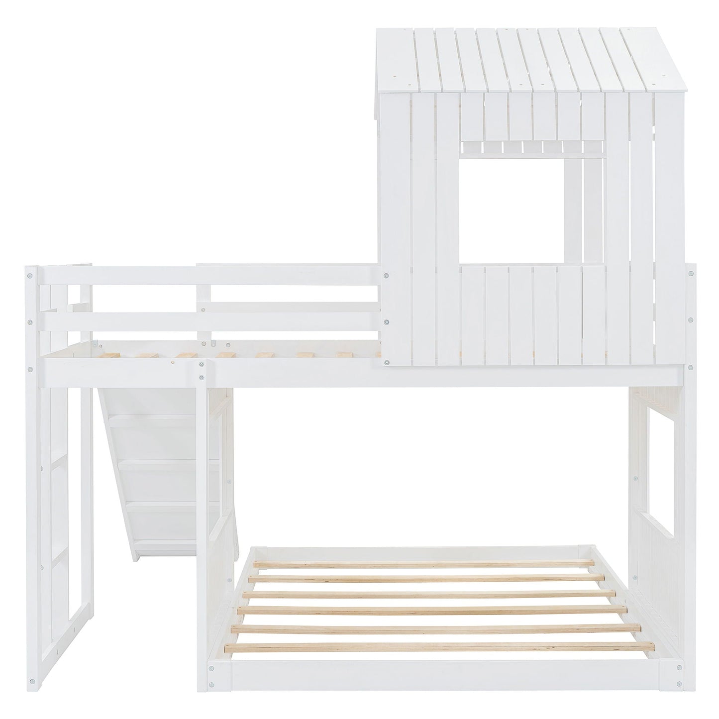 Loft bunk bed with playhouse, white finish, guardrails and light wood ladder HouseOfZazla on Tampa Home & Garden Store