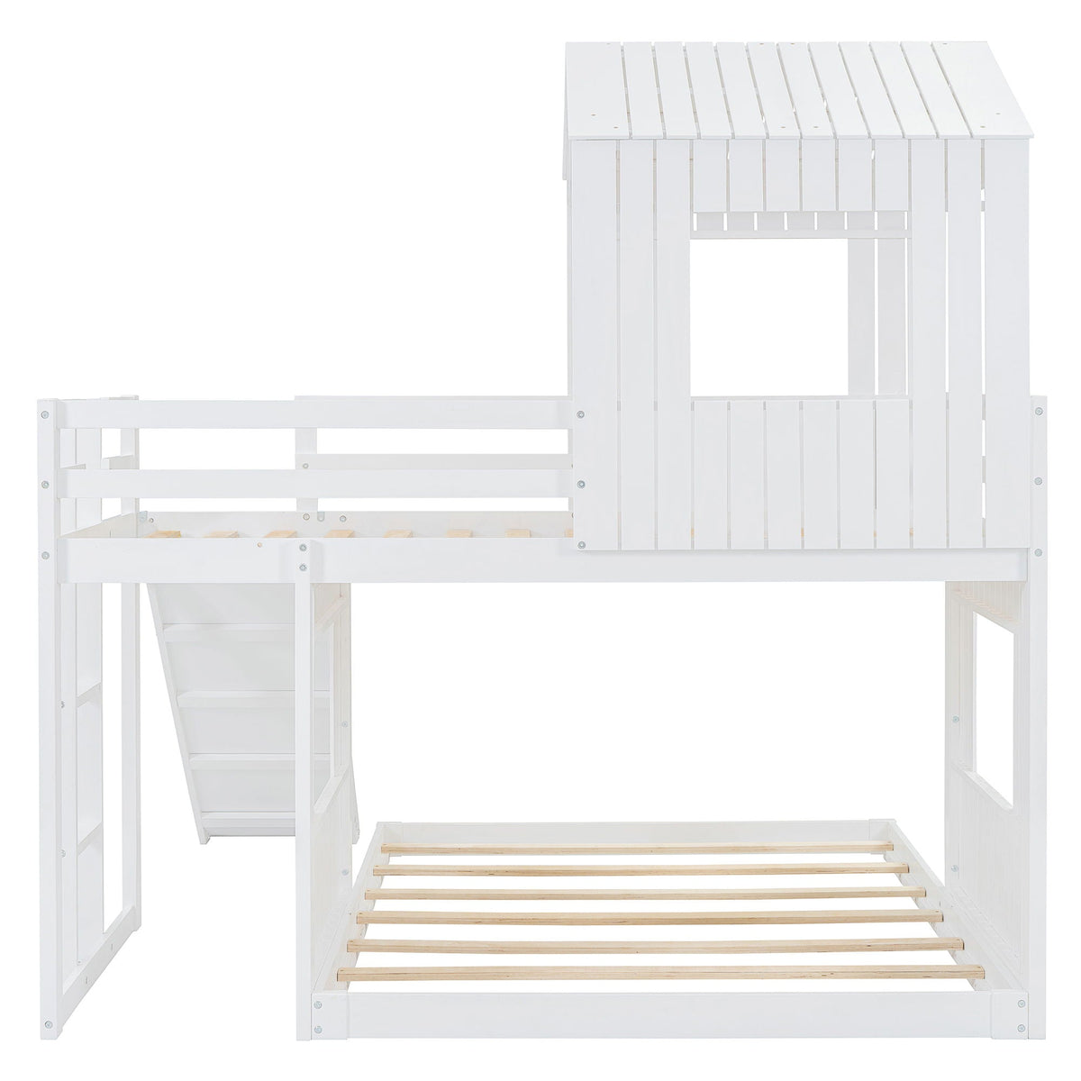 Loft bunk bed with playhouse, white finish, guardrails and light wood ladder HouseOfZazla on Tampa Home & Garden Store