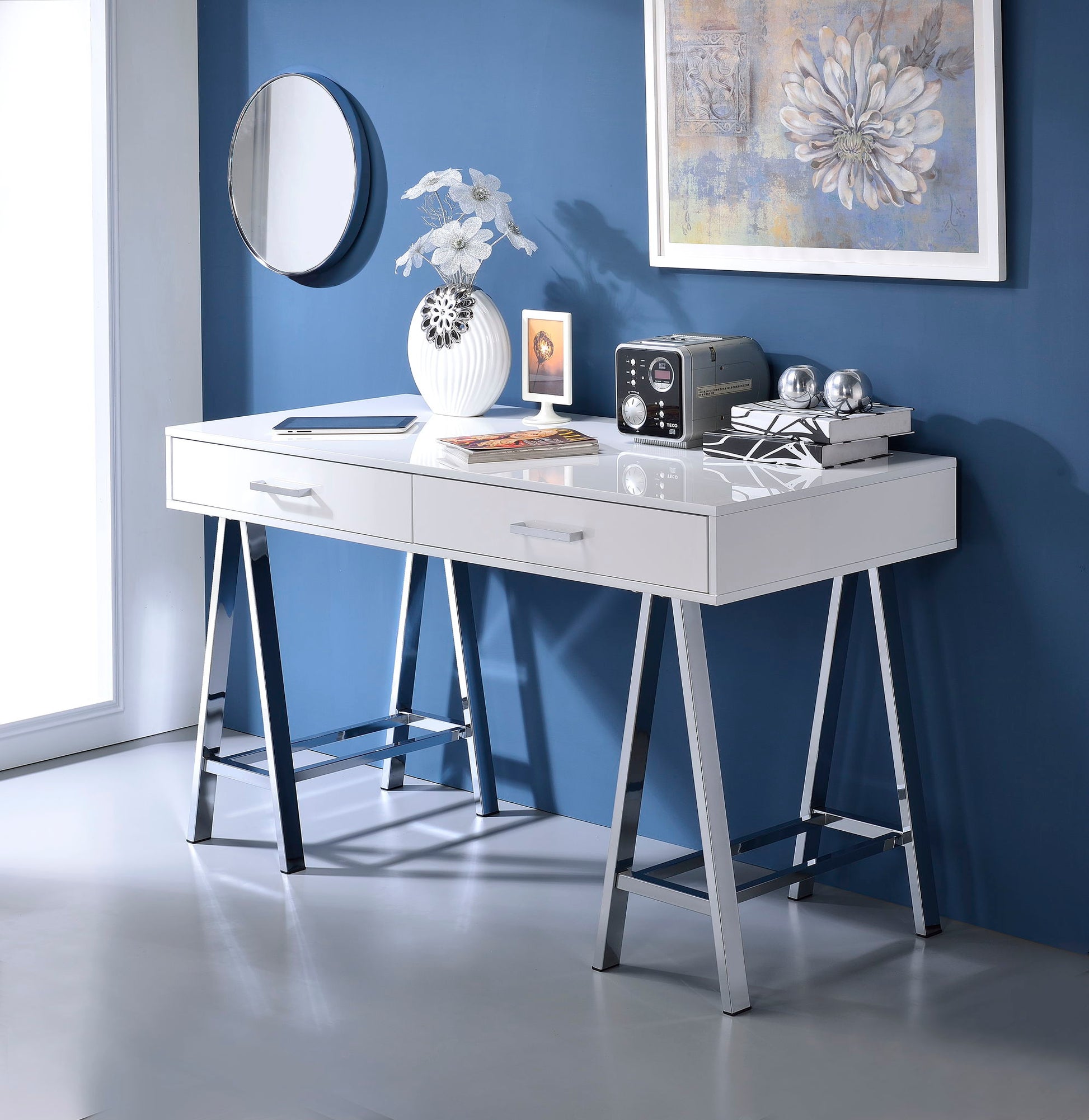 Coleen high gloss writing desk with USB by HouseOfZazla, white finish, chrome legs on Tampa Home & Garden Store