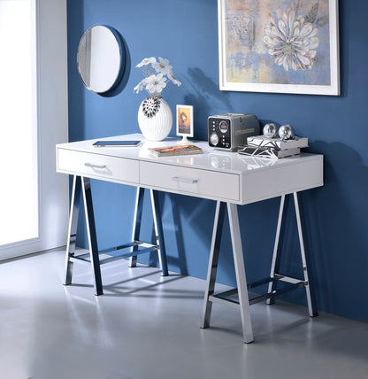 Coleen high gloss writing desk with USB by HouseOfZazla, white finish, chrome legs on Tampa Home & Garden Store