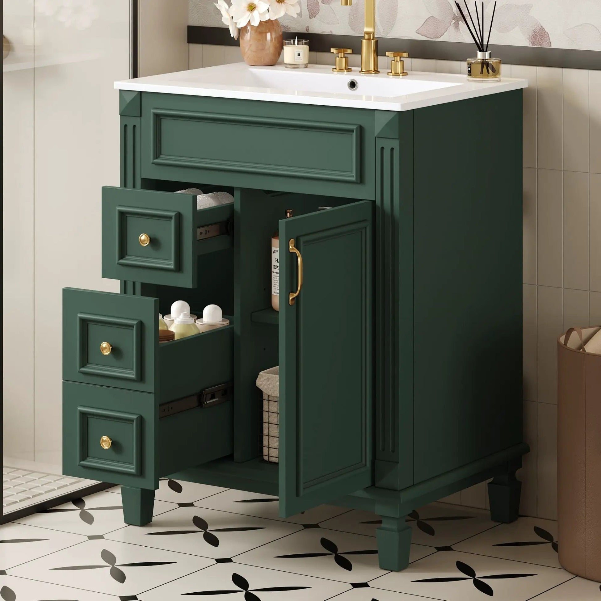 Bathroom vanity with sink, compact green cabinet, white top, gold hardware, 2 drawers and adjustable shelf on Tampa Home & Garden Store