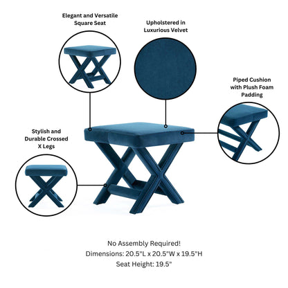 Accent bench blue velvet with piped cushion and solid wood cross-legged frame by HouseOfZazla on Tampa Home & Garden Store