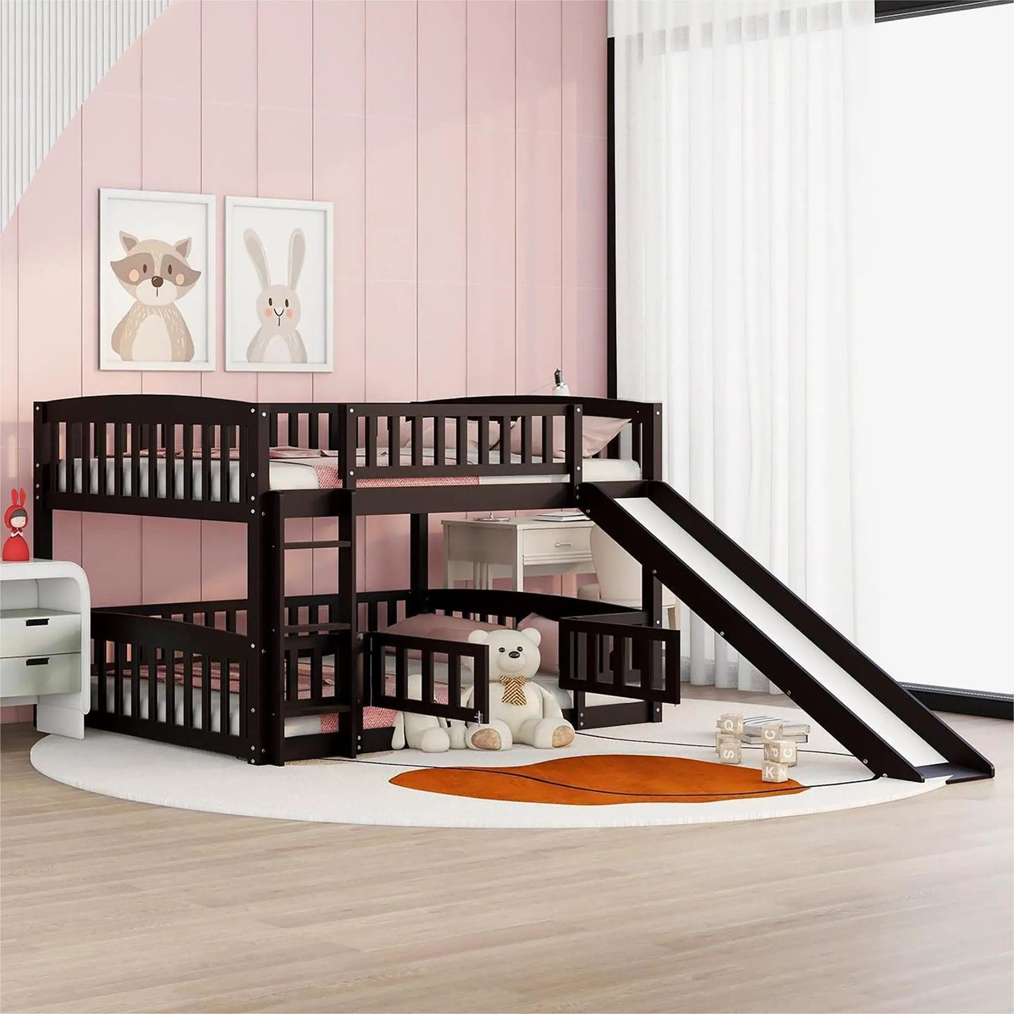 Low Bunk Bed With Slide Fence and Ladder
