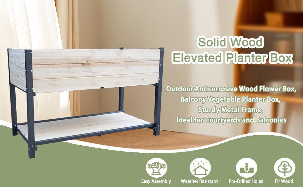 Solid Wood Raised Planter Box with Iron Frame - natural wood, black frame on Tampa Home & Garden Store
